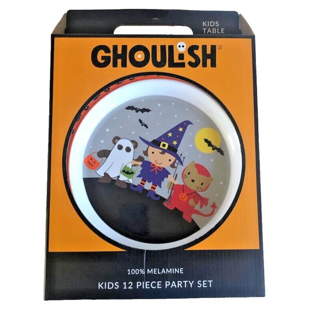 Halloween Kids Melamine Dinnerware Party Set Cups Forks Plates Witch 12 Pc Set